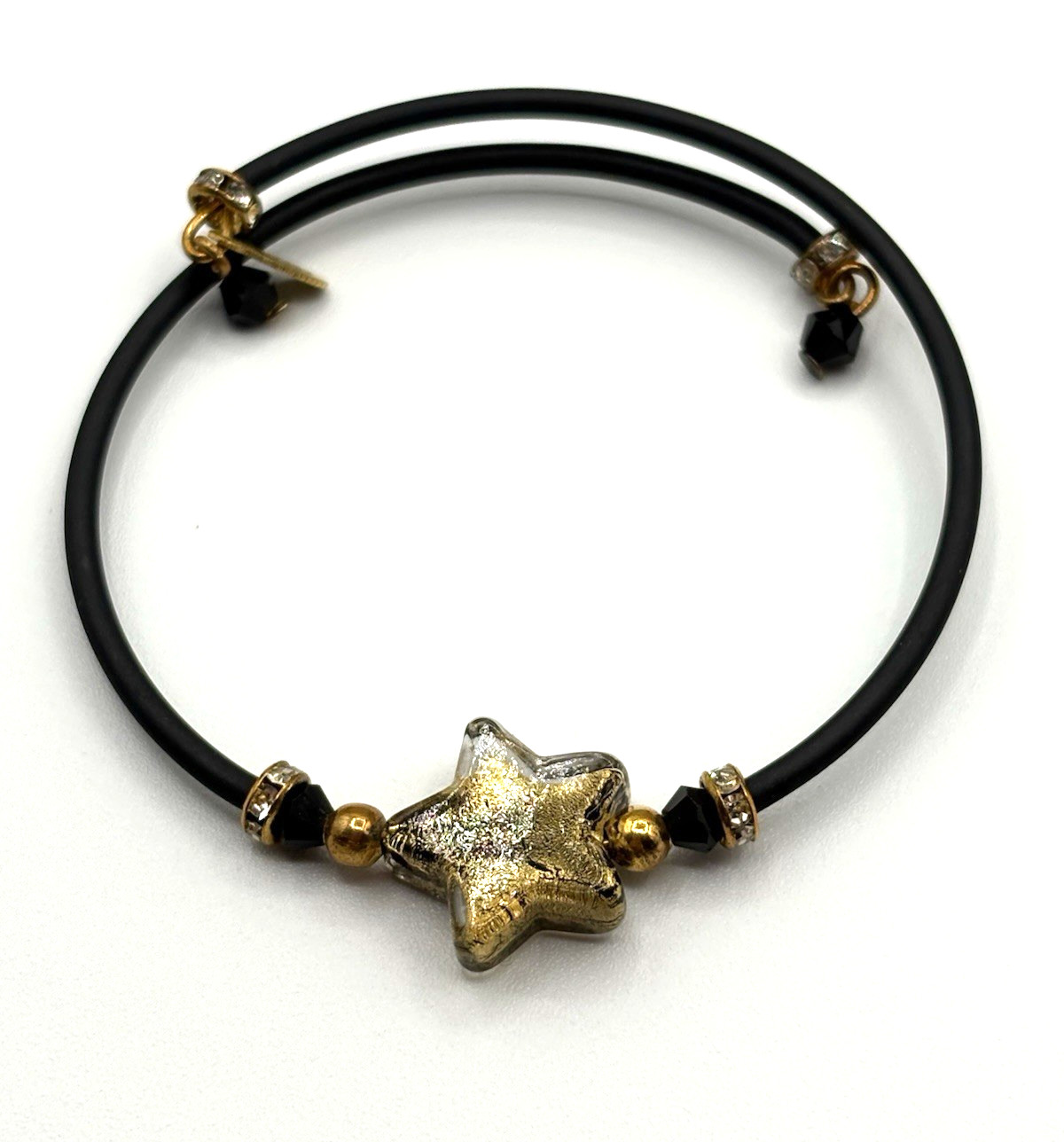 Murano Italian 24k Gold Flake Glass Star Memory Wire Bracelet W/ Crystal Beads