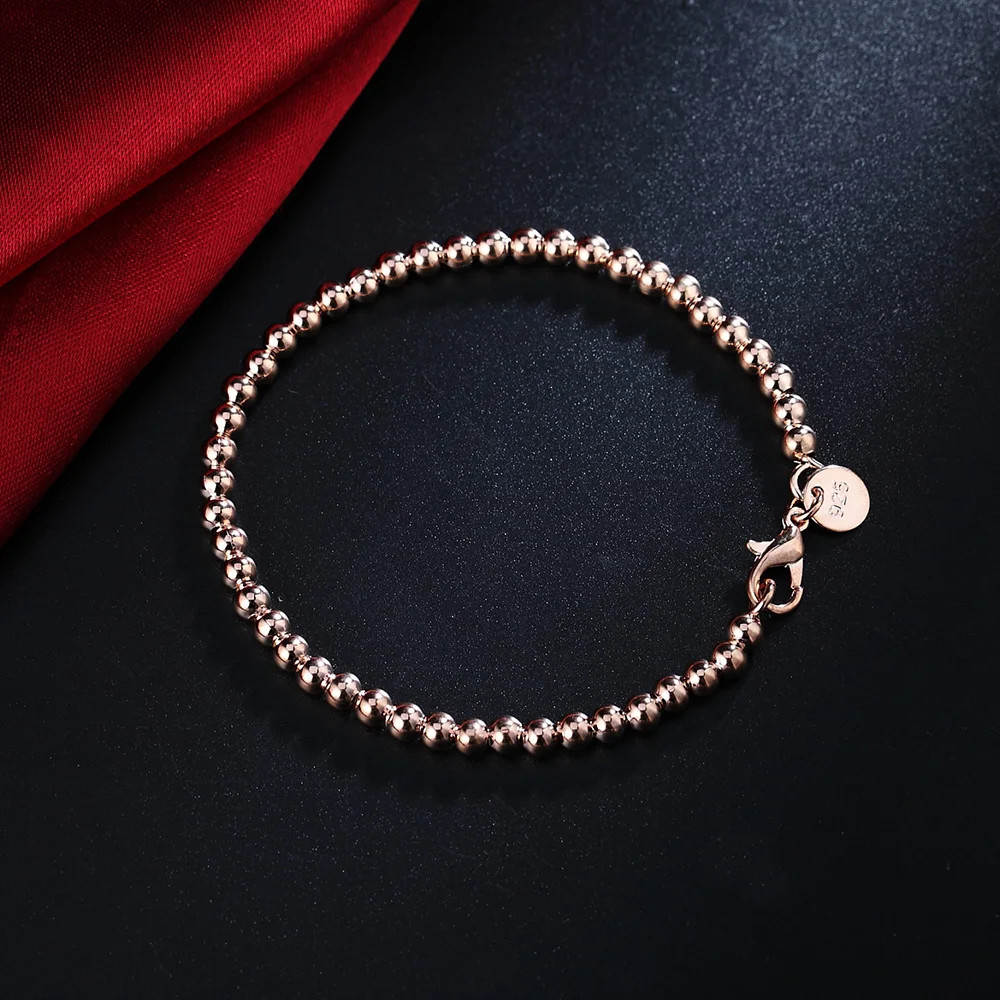 2PCS Hot 925 Sterling Solid Silver Jewelry 4MM Solid Beads Bracelet For Women