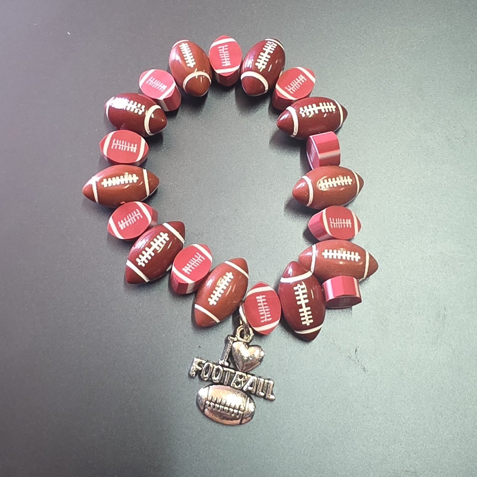 Brown Silver Beaded Charm Bracelet w/ Football Dangle ‘I Love Football’ Handmade