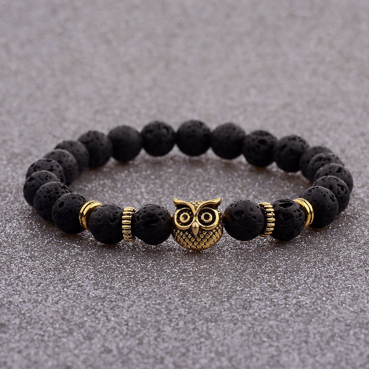 8MM Owl Buddha Beaded Natural Lava Stone Gold Silver Charm Women Men Bracelets