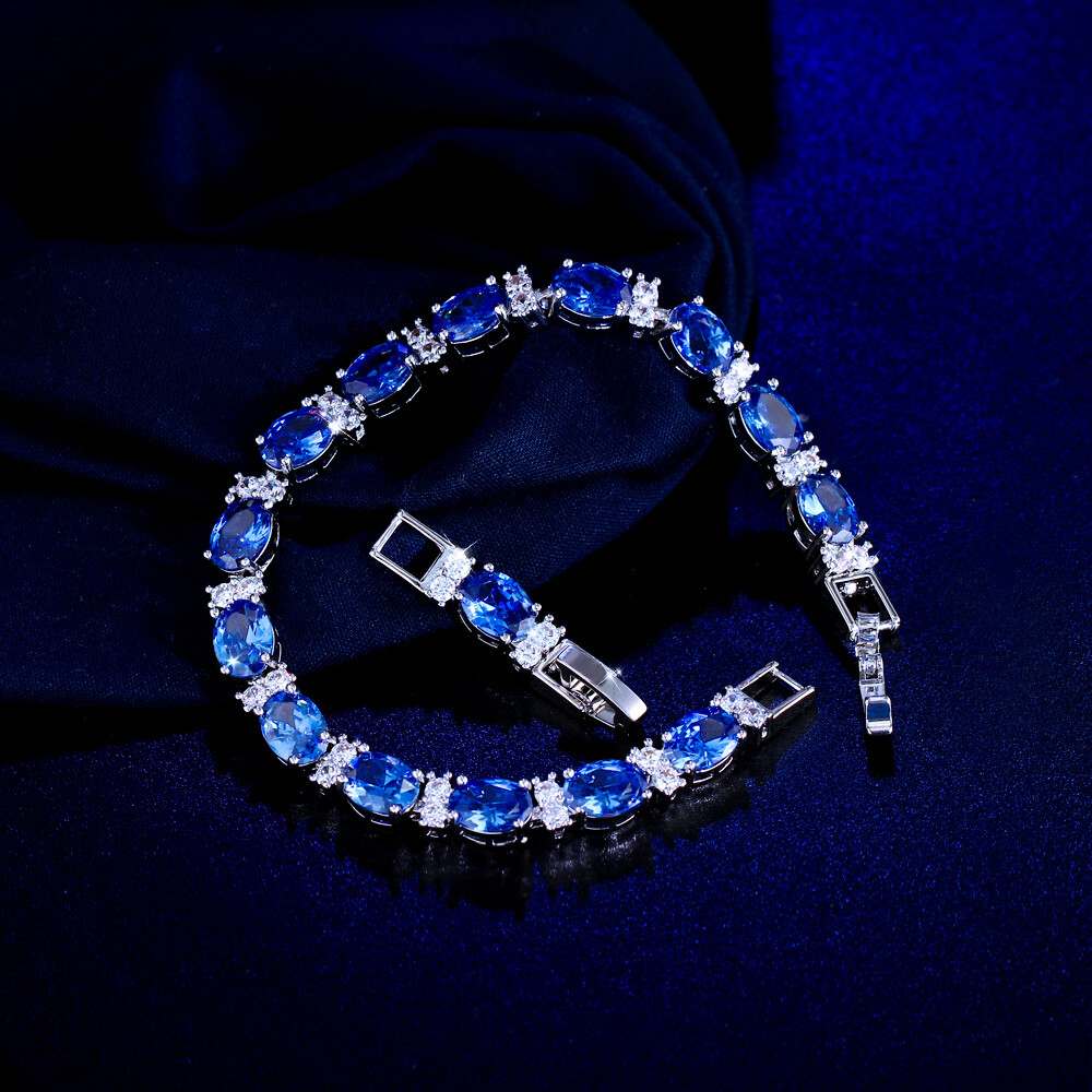Charming Blue Oval Cubic Zirconia Silver Plated Wedding Bracelet for Women Party