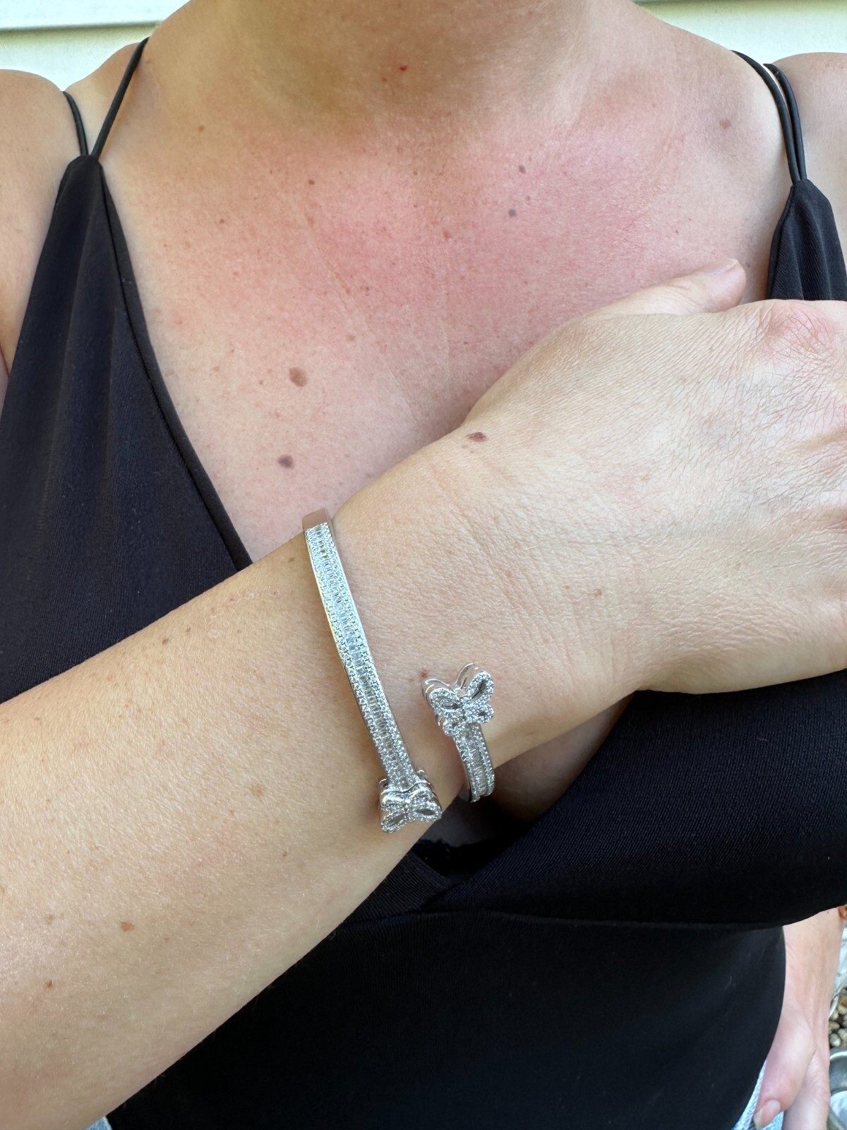 Real Solid 925 Sterling Silver Bangle Handmade Bracelet CZ Iced Butterfly Design