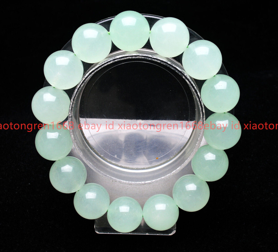 Natural 14mm Light Green Chalcedony Gemstone Round Beads Stretch Bracelet 7.5in