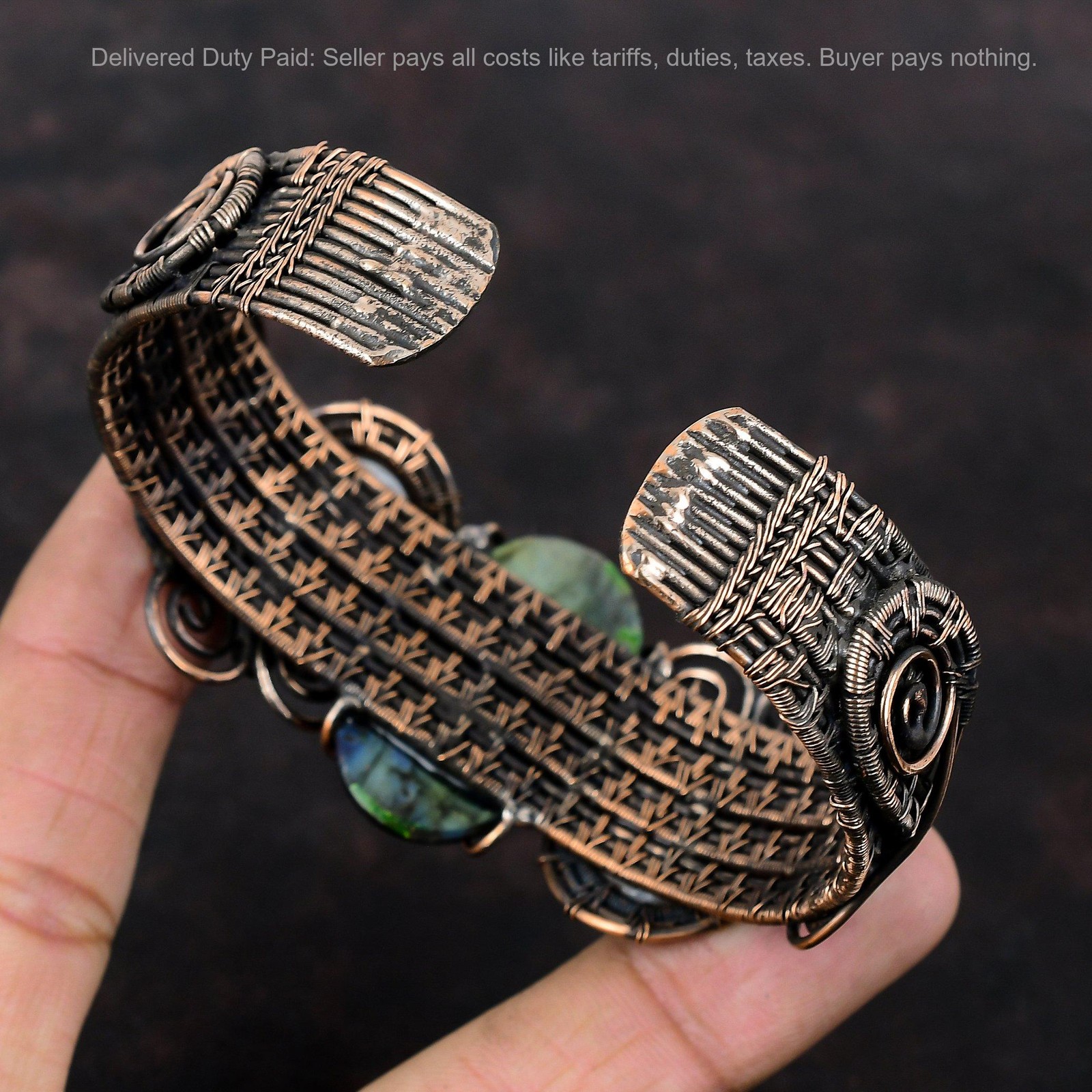 Copper Mystic Fire Labradorite Stone Rainbow Moonstone Wire Wrap Cuff Bracelet