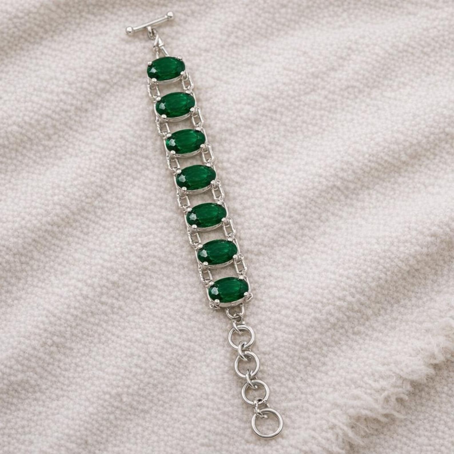 Green Emerald Gemstone Bracelet in Silver | Natural Oval Emerald Bracelet