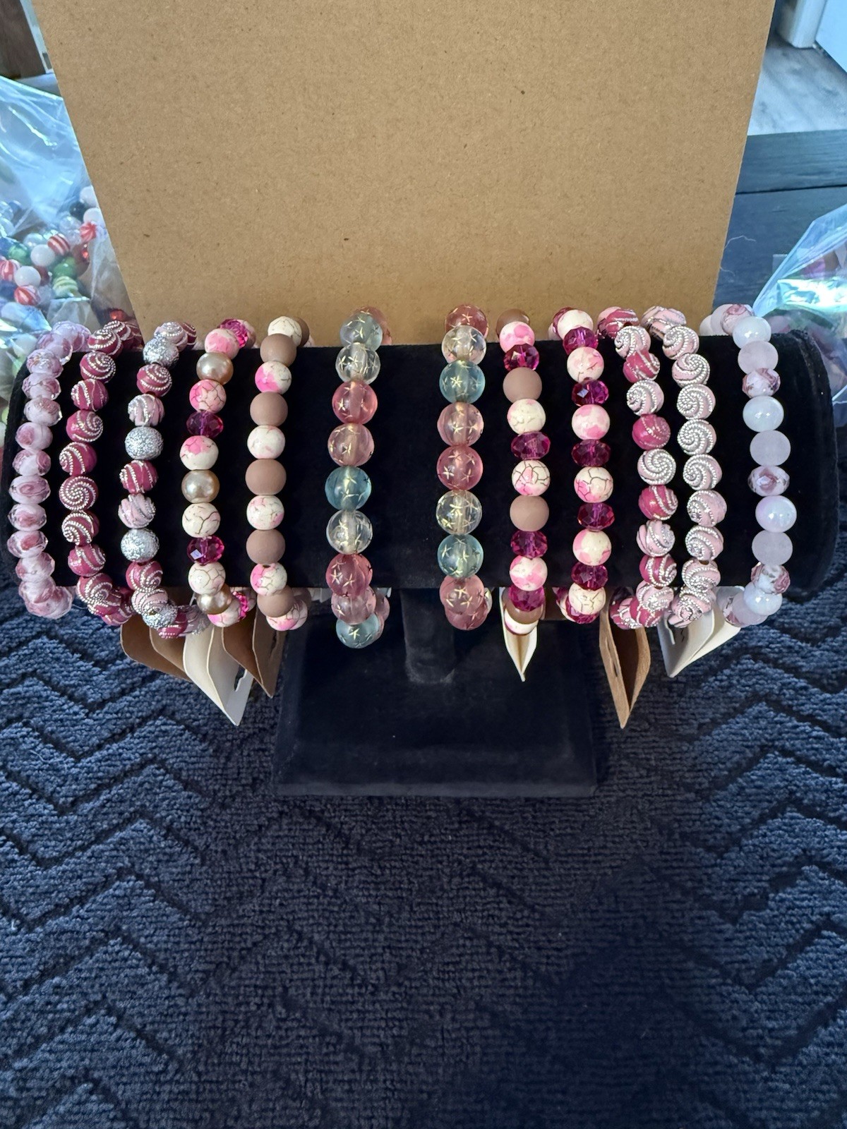 Lot Of 12 – Beaded Bracelets In Pink 6” To 7.5”