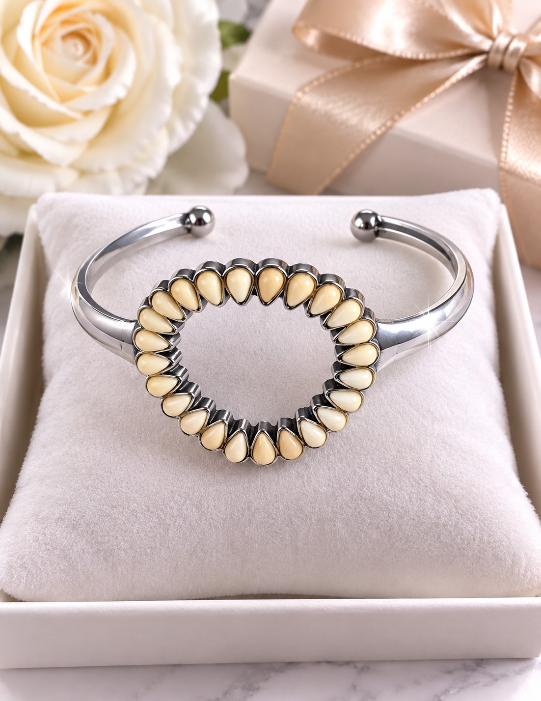 Silver Tone Open Cuff Bracelet Adjustable Heart Design w/ Ivory Accents