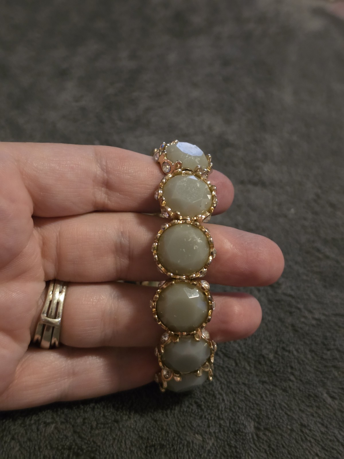 Lot of 3 Gold Tone Hinged Bangle Bracelets – White Round Cabochon, Bezel
