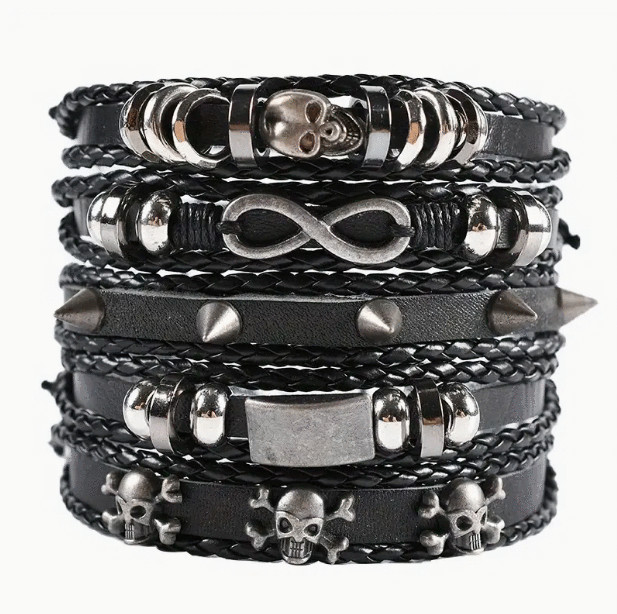 Skull Figure 8 Alloy Accessories Five-piece Cowhide Bracelet Hand-woven Leather