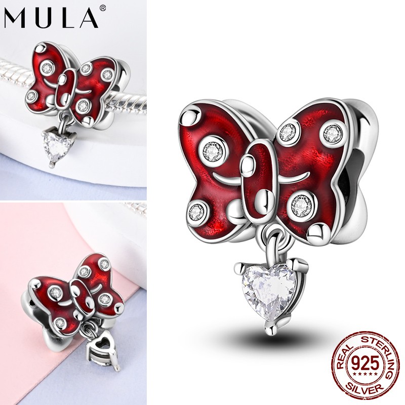 MULA 925 Sterling Silver DIY Charm Enamel Classic Red Bow CZ for Women Bracelet