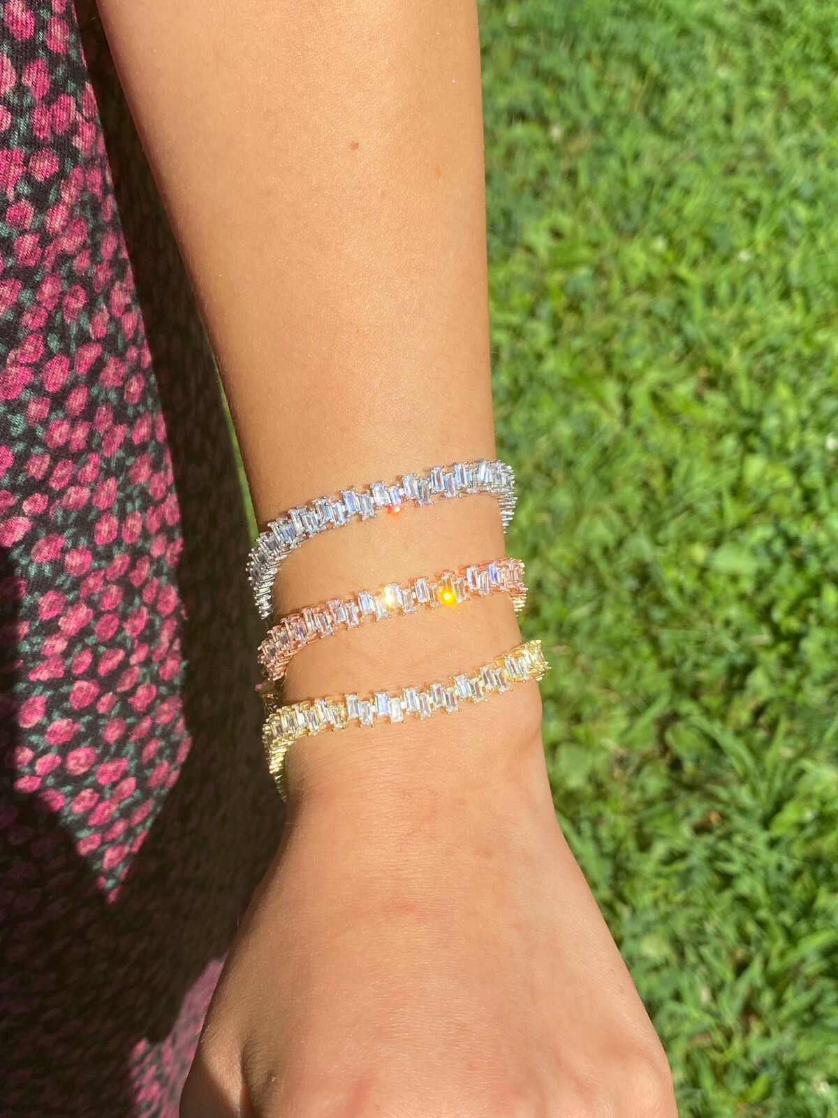 Real 925 Silver Yellow Rose Gold Plated Baguette Tennis CZ Ladies Bracelet 6mm