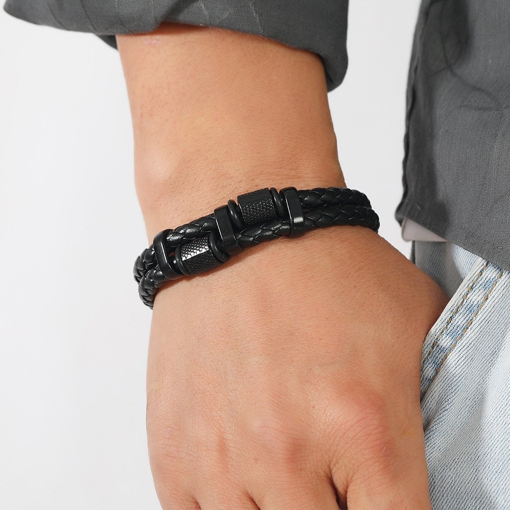 Men’s Stainless Steel Genuine Leather Bracelet Strength Fashion Bangle Wrap Gift