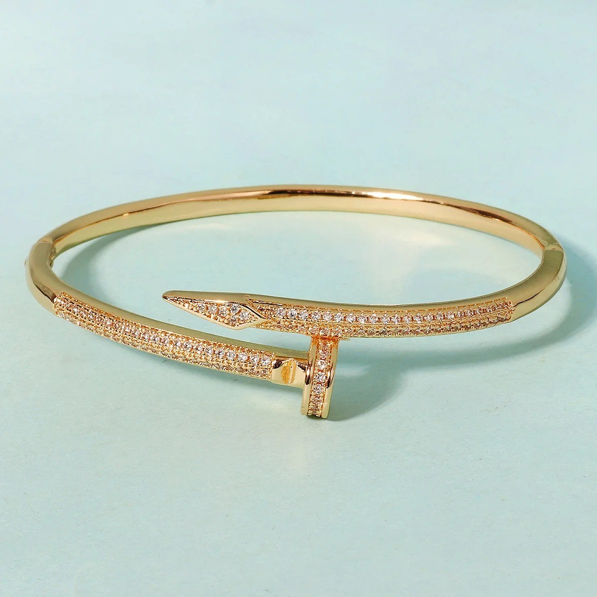 14k Yellow Gold plated Open Nail Bolt Trendy Bracelet AAA quality cubic zirconia