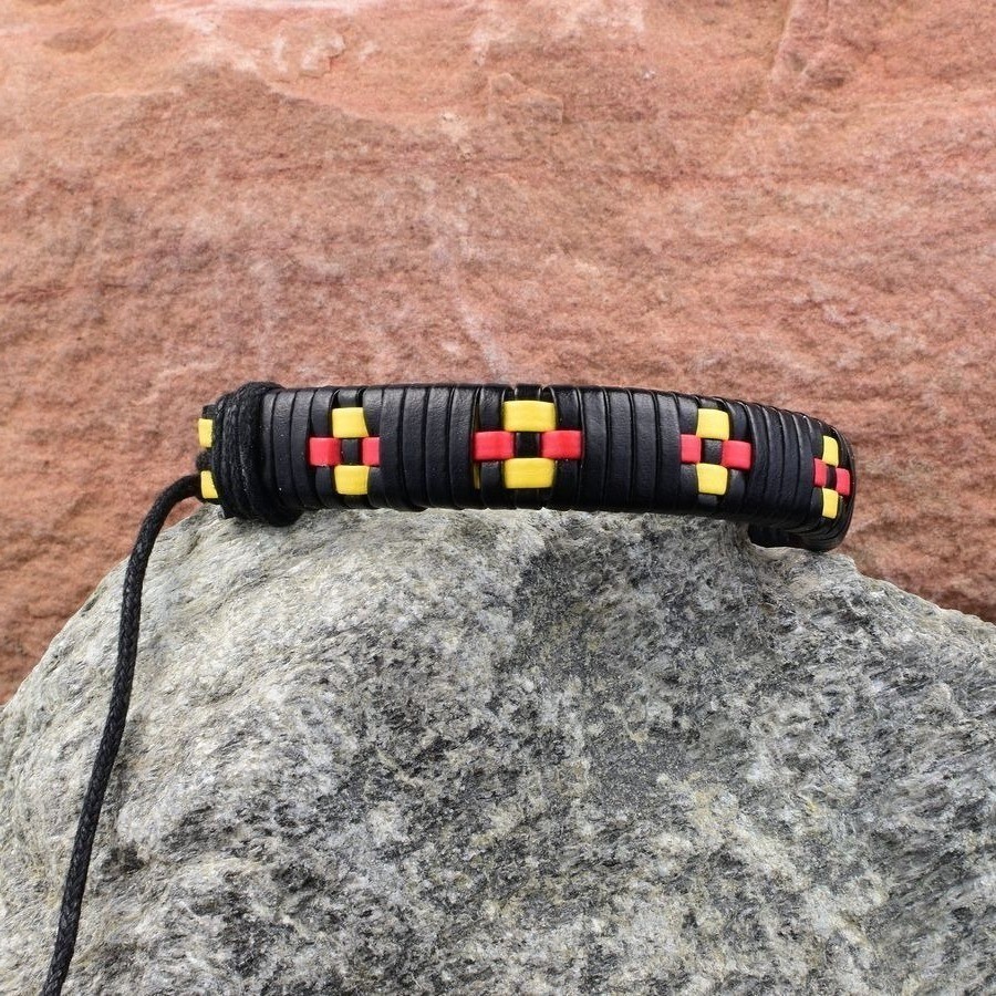 Kend Weave Leather Bracelet in Black Yellow Red Mens Gift Packaged