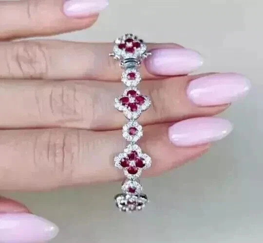 8.5 Ct Round Simulated Ruby & Diamond Tennis Bracelet 925 White Sterling Silver