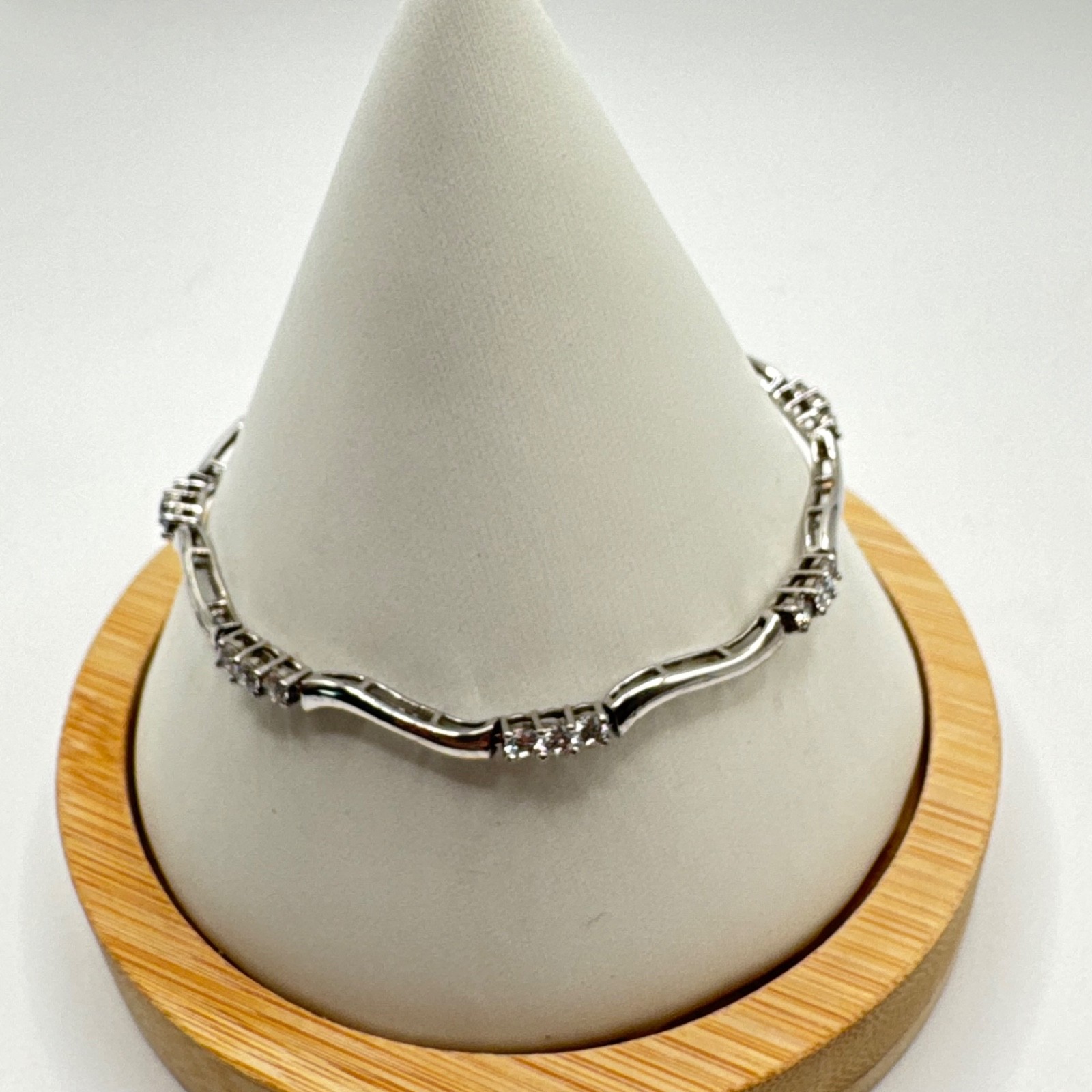 Vintage 925 Sterling Silver Wave Link Bracelet 3-Stone Cluster Clear CZ Accents