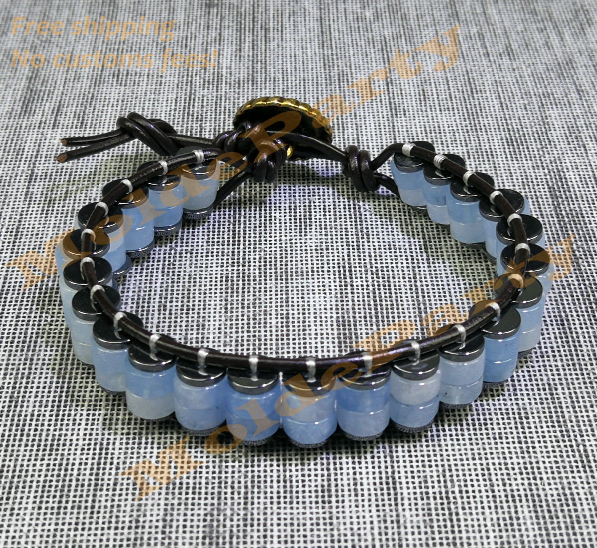 Handmade Natural Gemstone Aquamarine Beaded Leather Bracelet Gift Healing Reiki