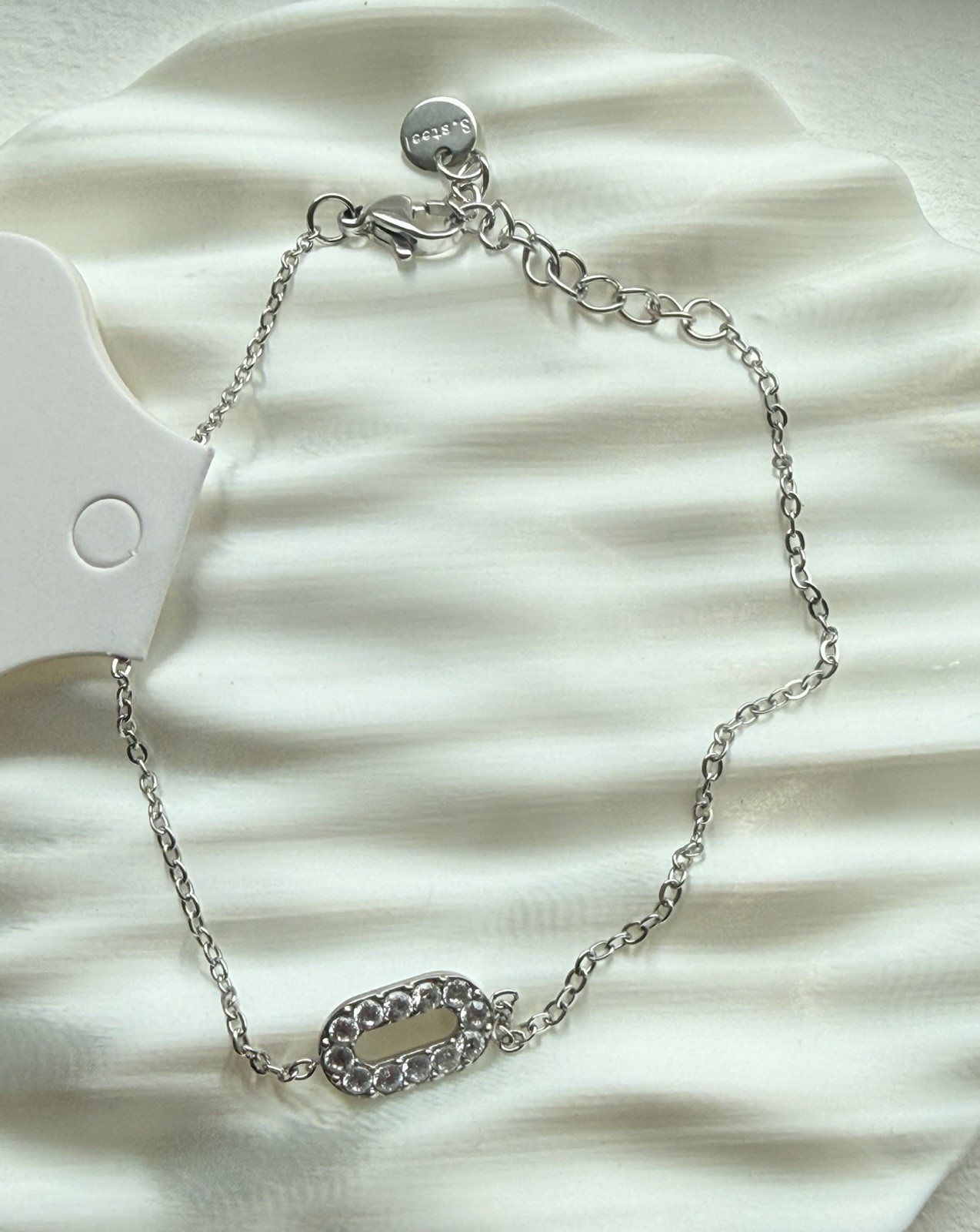 Stainless Steel Silver Tone Cable Chain CZ Oval Link Bracelet Lobster