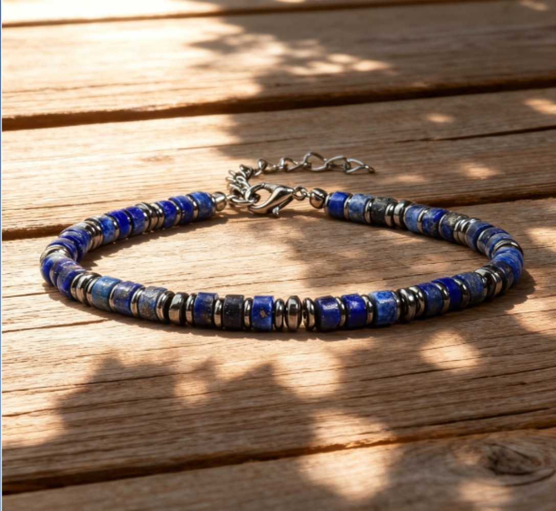 Natural Lapis Lazuli & Hematite Beaded Crystal Healing Reiki Stretch Bracelet