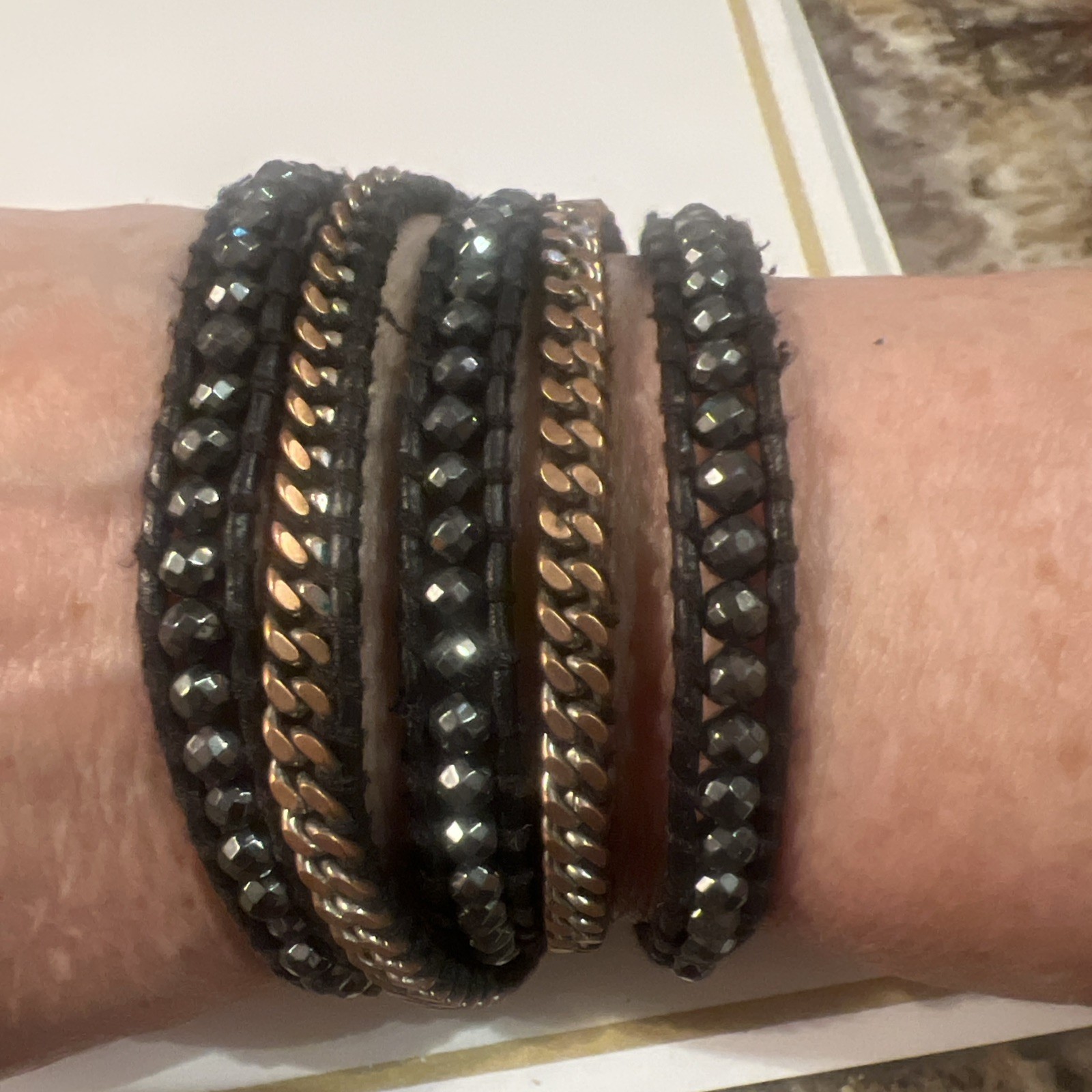 Victoria Emerson Crystal Metal Beaded Leather Wrap Bracelet Signed Black/Copper