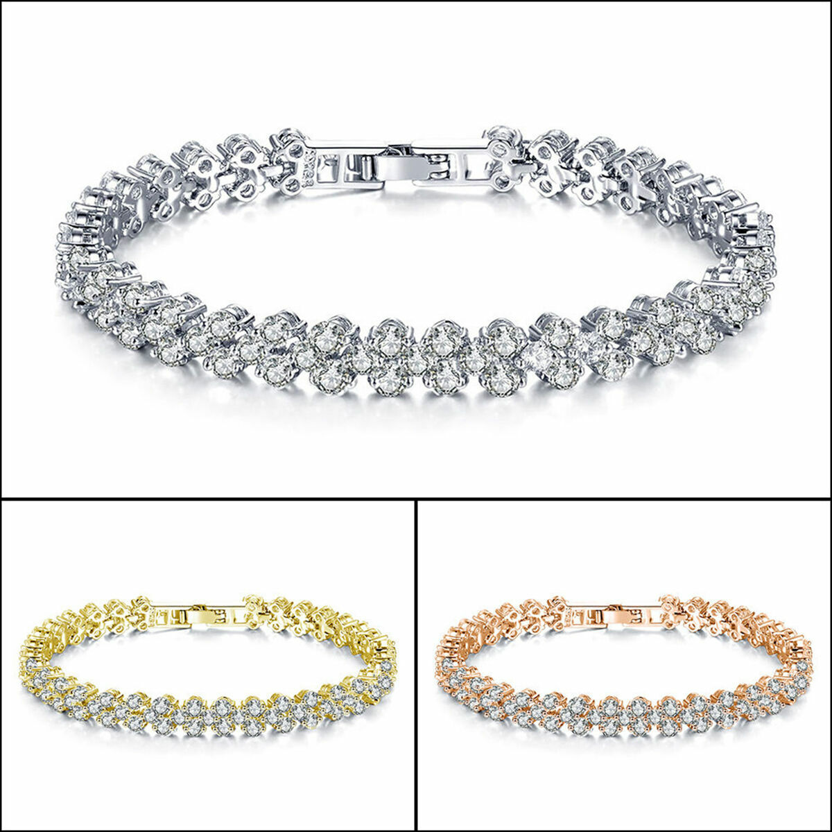 Women Fashion Roman Chain Clear Zircon Crystal Bangle Rhinestone Bracelet Gift