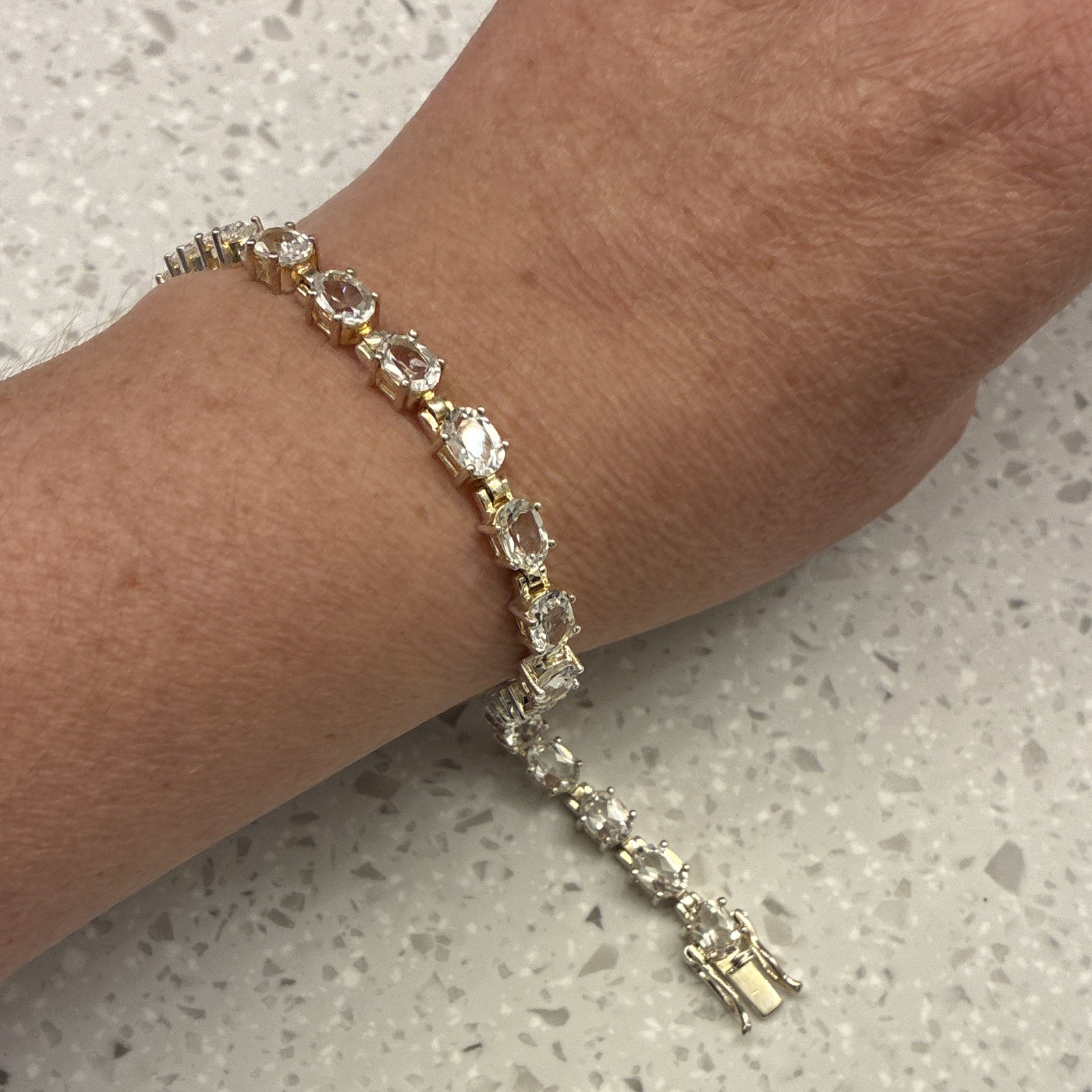 CZ Signed Silver Tone Crystal Oval Tennis Bracelet Prong Set Box Clasp