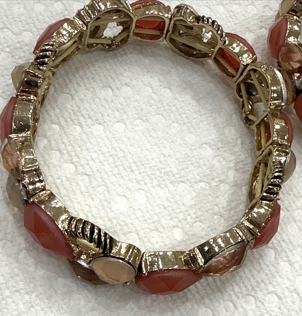 2-Napier Orange Coral Cabochon Gold Tone Tennis Stretch Bracelets Signed VTG 7″