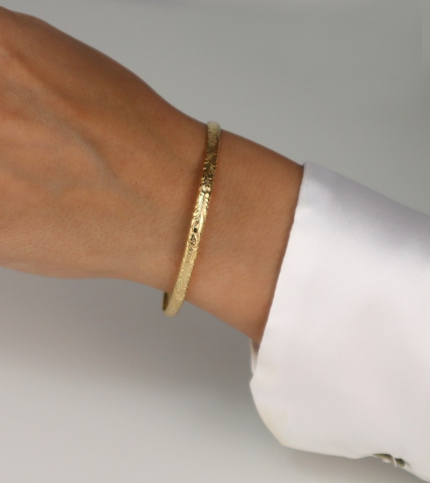 14k Gold Filled Bangle Bracelet, Gold Bangle, Gold Bracelet, Floral Bangle, 14k