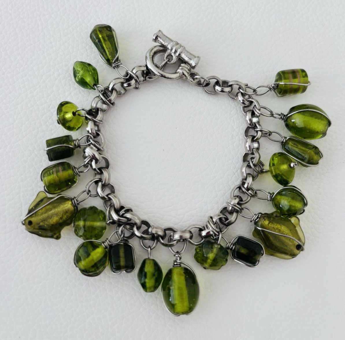 Murano Hand Coiled Lampwork Glass & Metal Bracelet Murano Green Glass Vintage