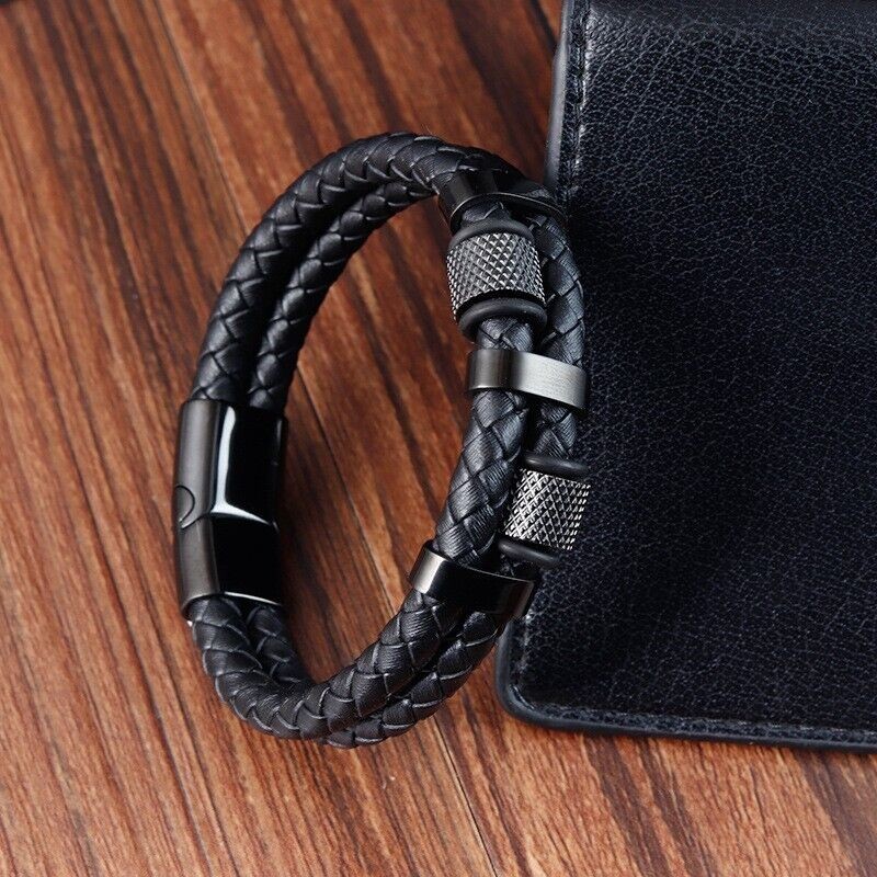 Men’s Stainless Steel Genuine Leather Bracelet Strength Fashion Bangle Wrap Gift