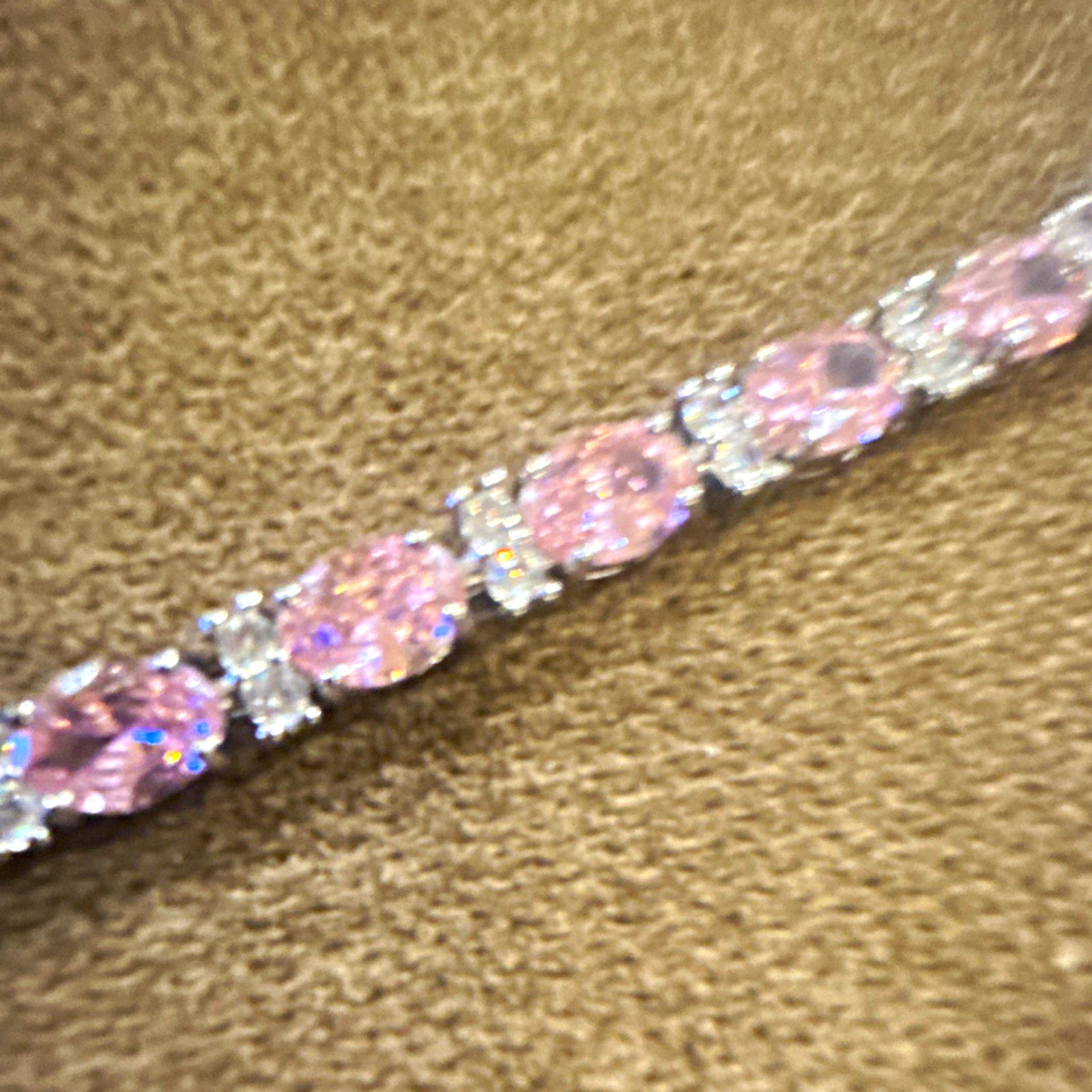Silver Plated Pink Oval Simulated CZ Tennis Link Bracelet Prong Box Clasp