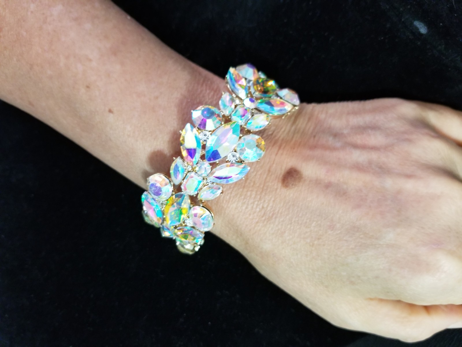 AB Iridescent Gold Rhinestone Stretch Bracelet Crystal Pageant Prom Drag Jewelry