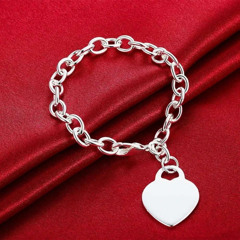 925 Sterling Silver Heart Pendant Thick Chain Bracelet Women Fashion Jewelry