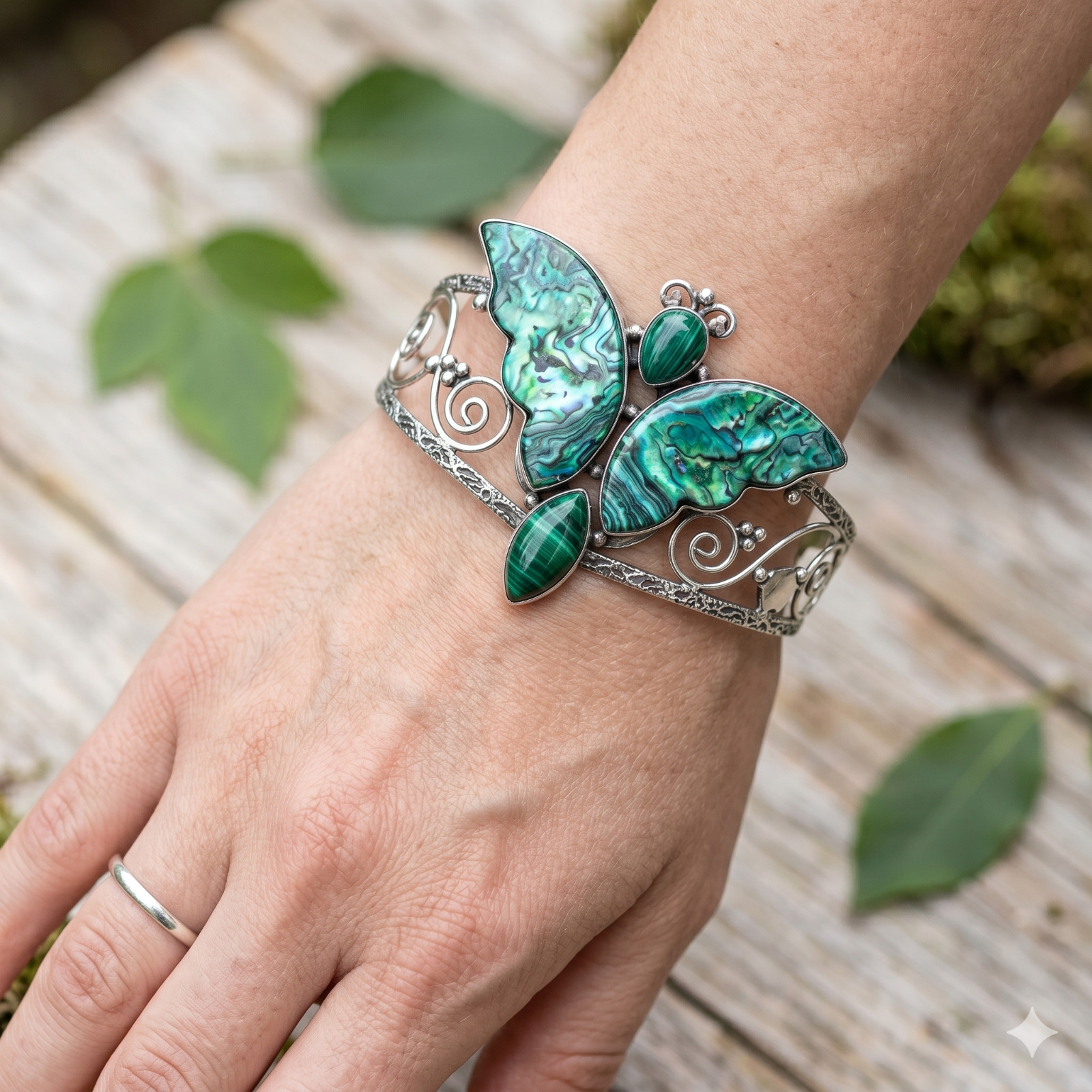 Natural Malachite 925 Sterling Silver Plated Channel Set Daughter Cuff Bracelet