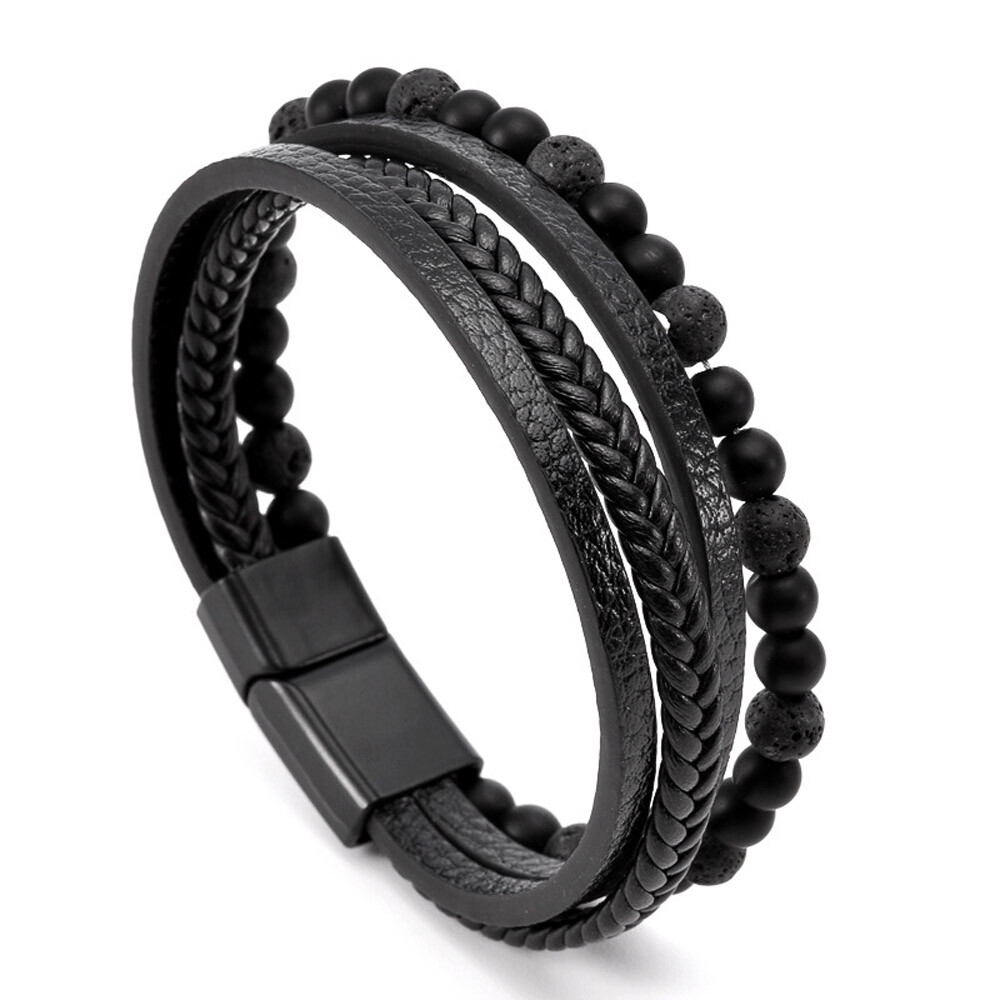 Men’s Layered Braided Leather Beaded Bracelet With Tiger Eye Natural Stone US