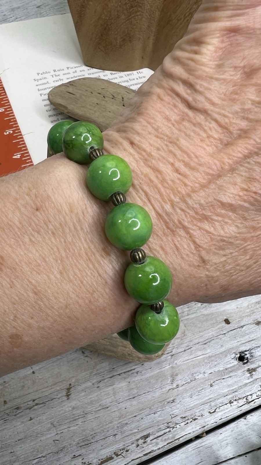 HANDMADE BRACELET W/BULLET CASINGS & GREEN GLASS BEADS ARTISAN 💚