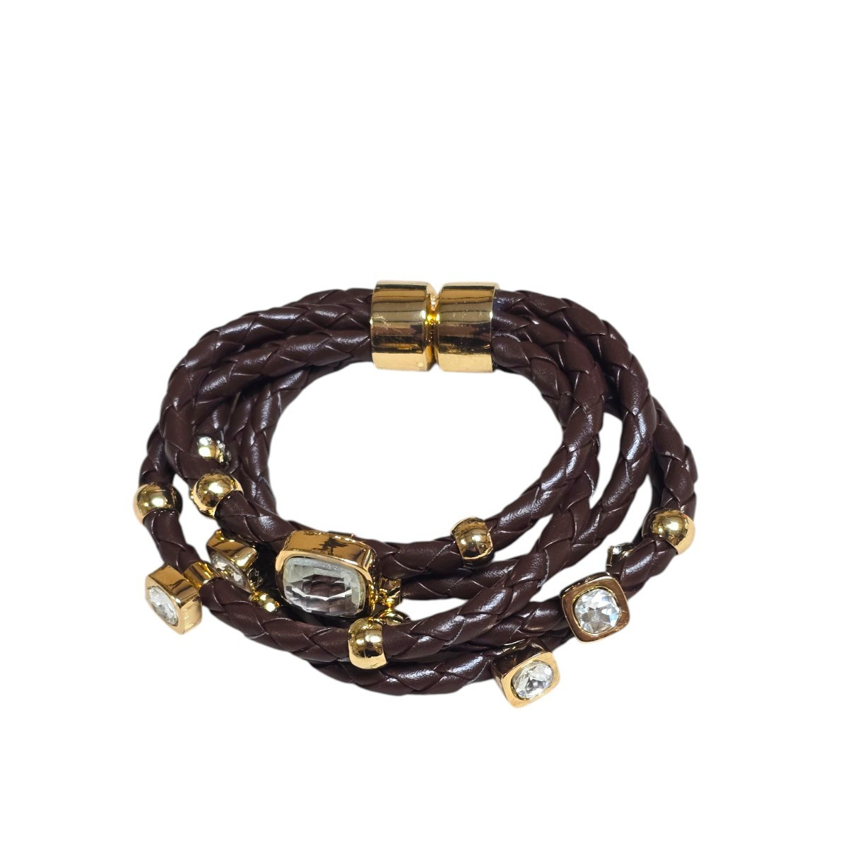 Women’s Trendy Brown Faux Leather Multi Layered Resin Gold Plated Bracelet