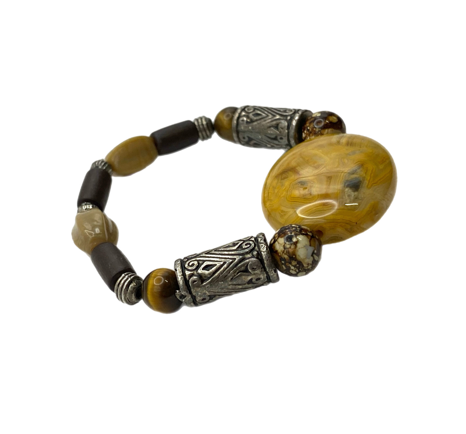 Tan Brown Orange Agate Tigers Eye Glass Stretch Bracelet Wood Beaded Silver Tone