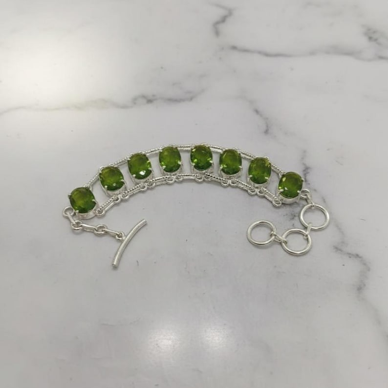 Peridot Link Bracelet, Bright Green Oval Faceted Stones With Silver Tone Clasp