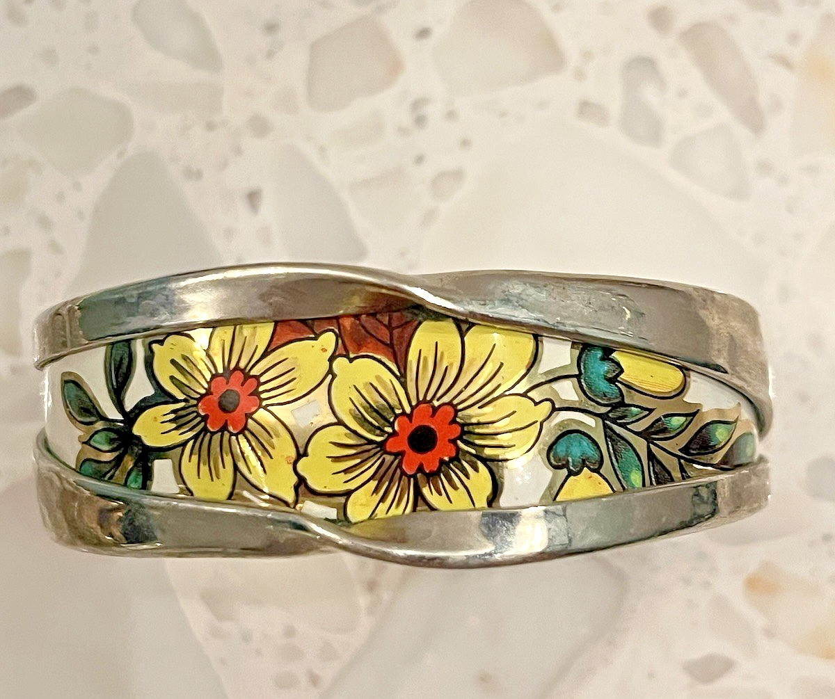 Vintage Enamel Cuff Bracelet Vibrant Hand-Painted Floral Silverplated Adjustable