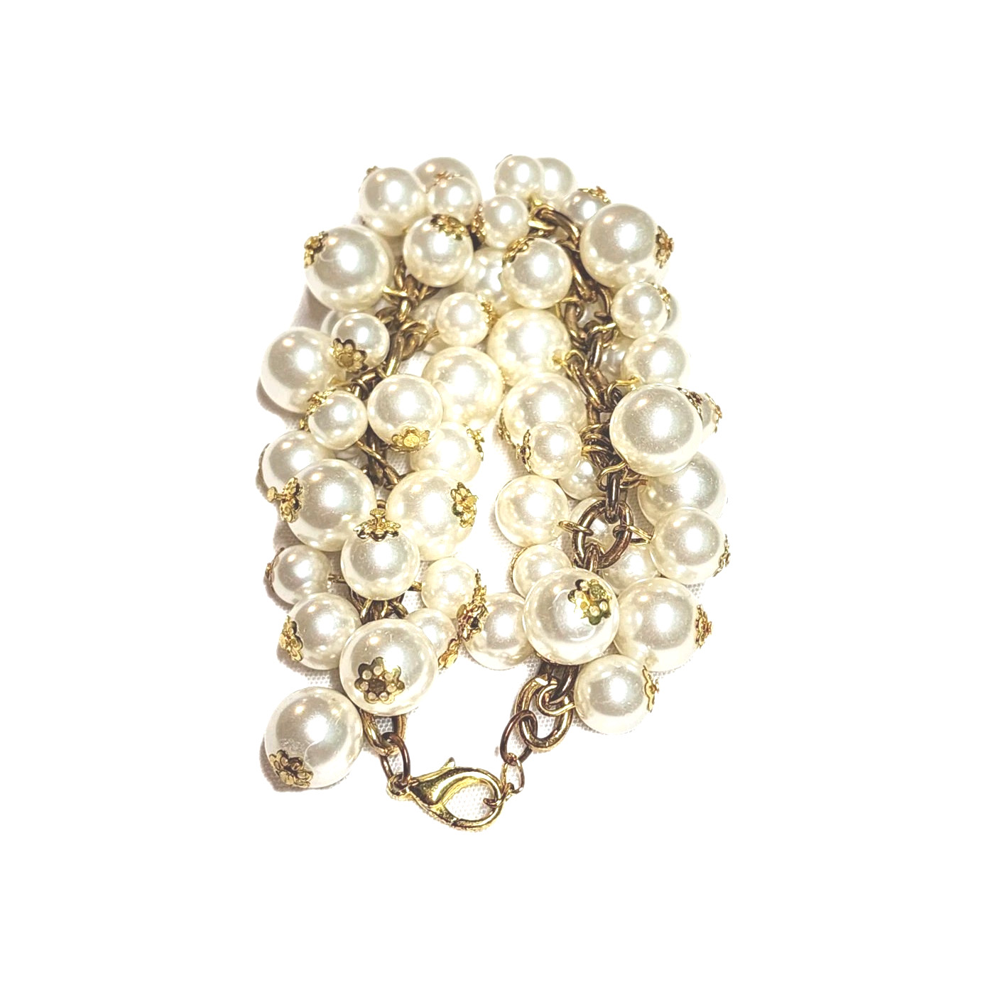Chunky White Faux Pearl Dangle Cluster Cha-Cha Beaded Charm Cuff Bracelet 8″