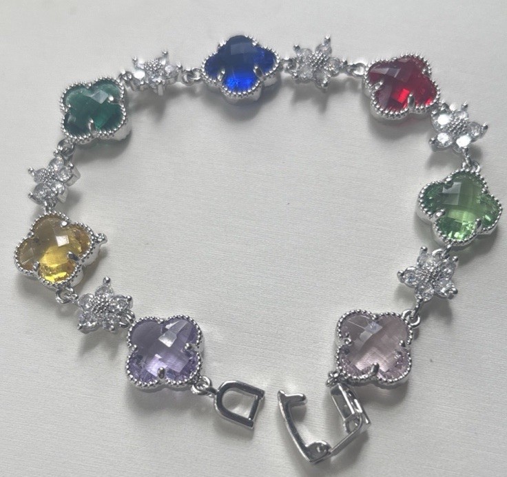 Multi Colored Crystal Gems Bracelet SZ 6.5 Green, Red, Yellow, Purple, Pink