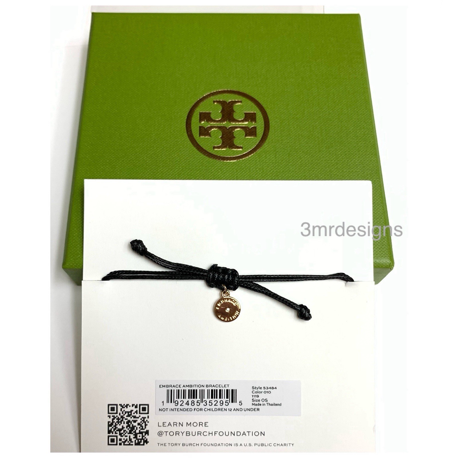 NWT TORY BURCH EMBRACE AMBITION 18K-Gold Plated Brass Black Cord Slider Bracelet
