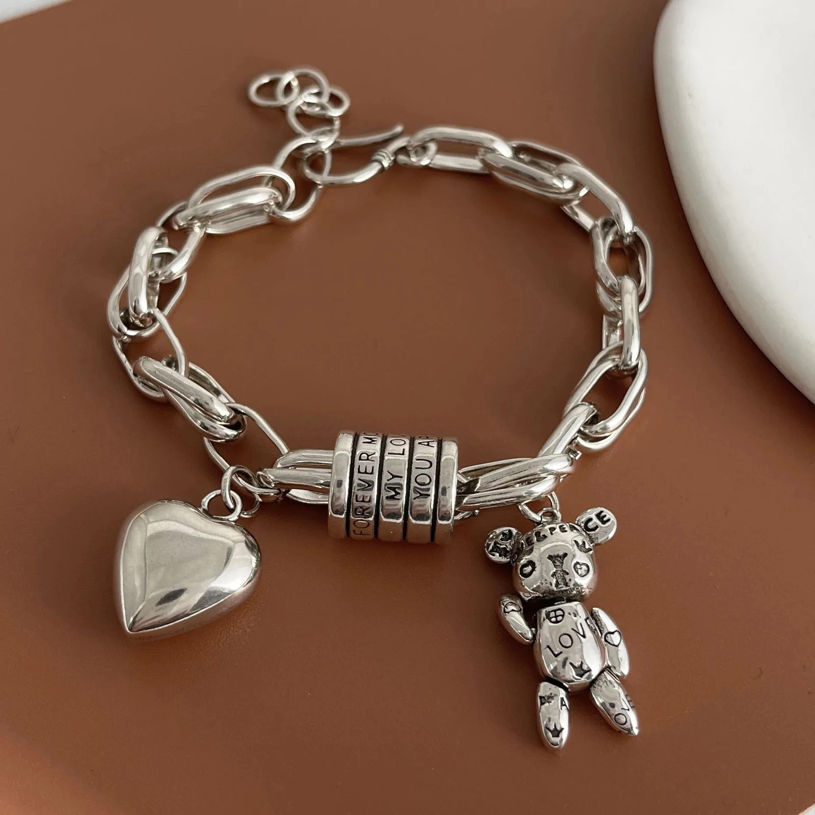 100% Solid 925 Sterling Silver Retro Heart Bracelet for Women Vintage Handmade
