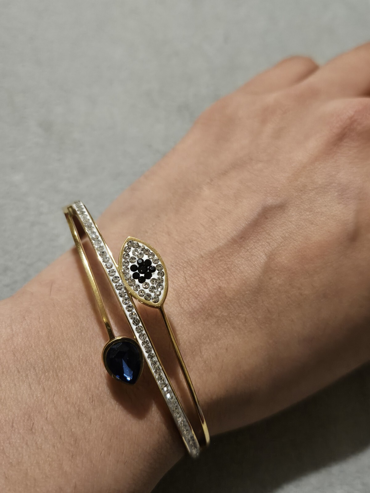 Beautiful Turkish Design Gold Plated Evil Eye Blue Crystals Bangle Bracelet