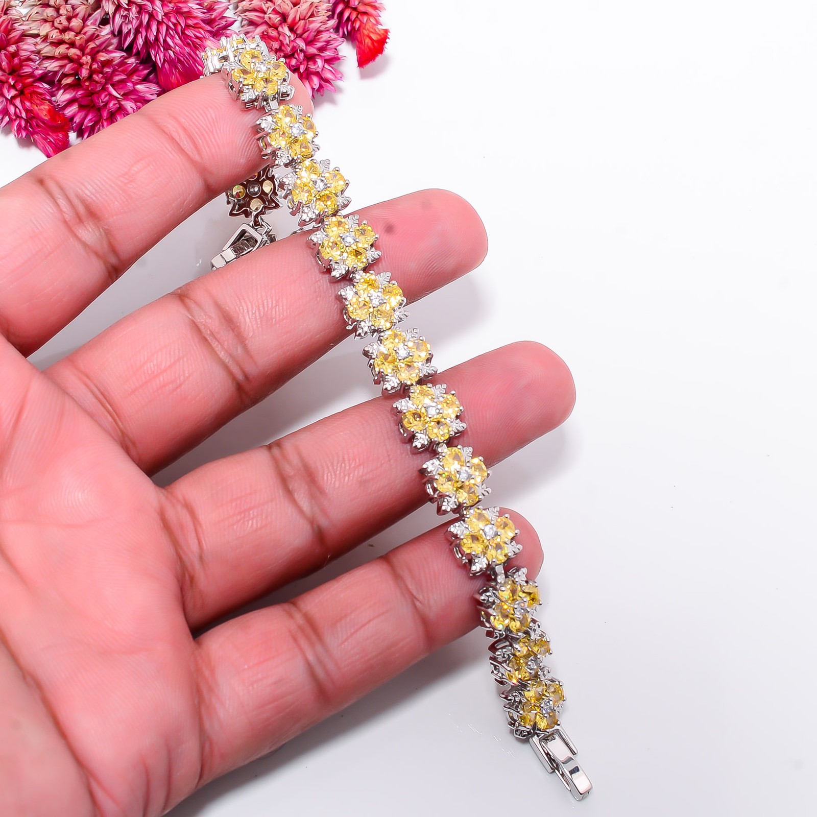 Yellow Sapphire -Simulated, CZ 925 Sterling Silver Adjustable Bracelet 7-8″ B01