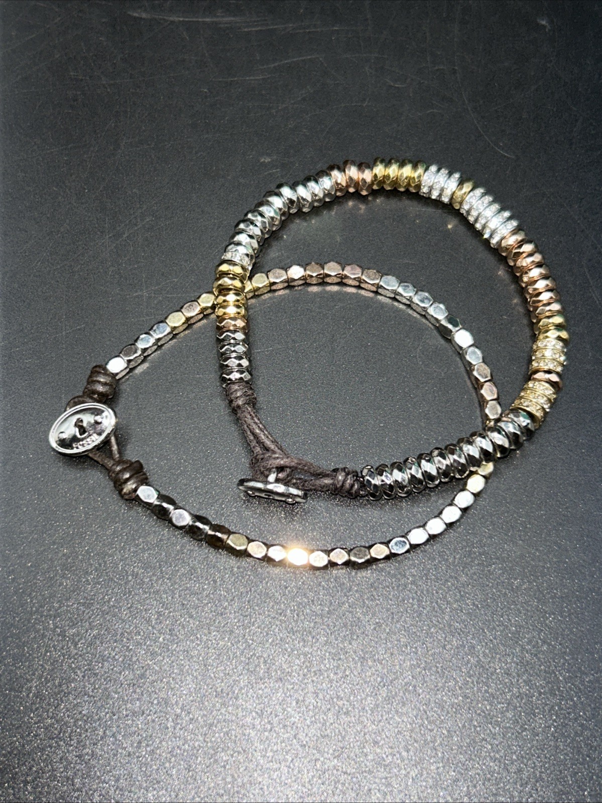 2 Fossil Beaded Bracelets Brown Cord Tri Tone Metal Beads Button Closure Sz 7