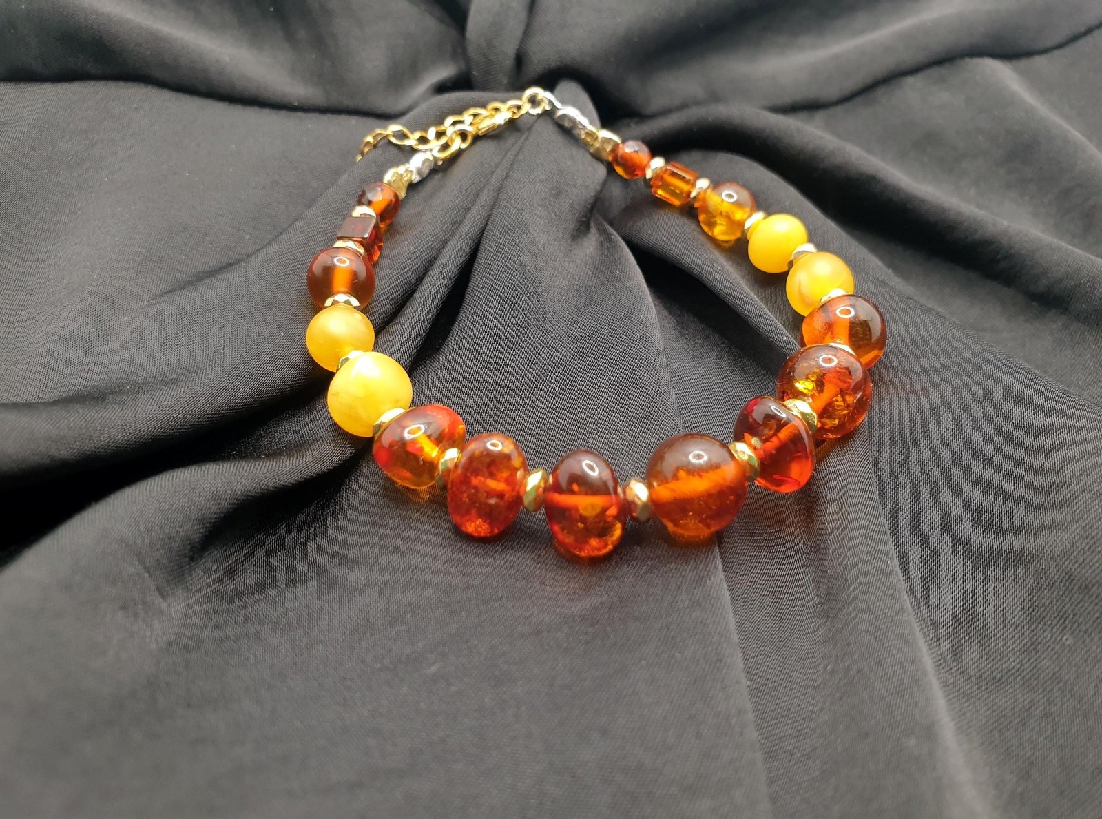 Baltic Amber Bracelet – Cognac Amber Beads, Gold Hematite Spacer & Sterling Silv