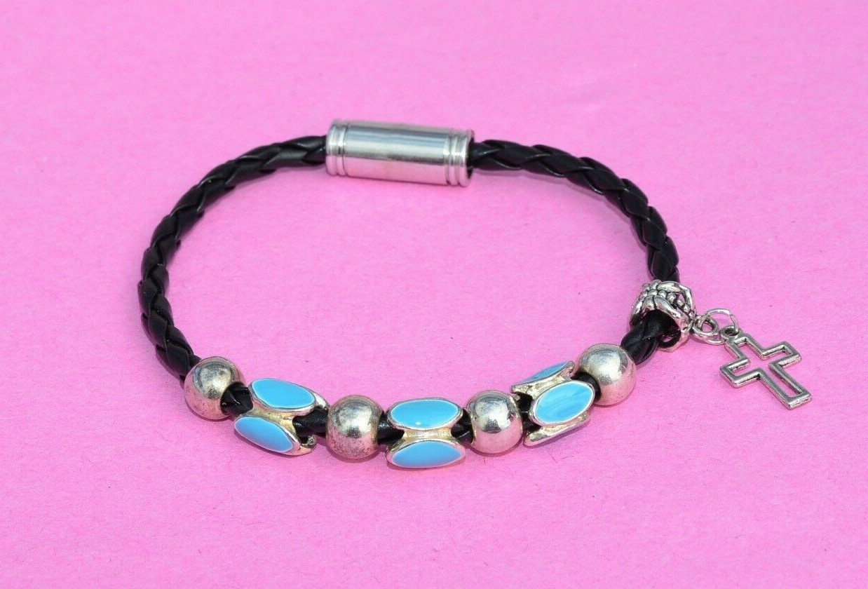 Black Cord Statement Bracelet Silver Tone Turquoise Enamel Add A Bead Charms