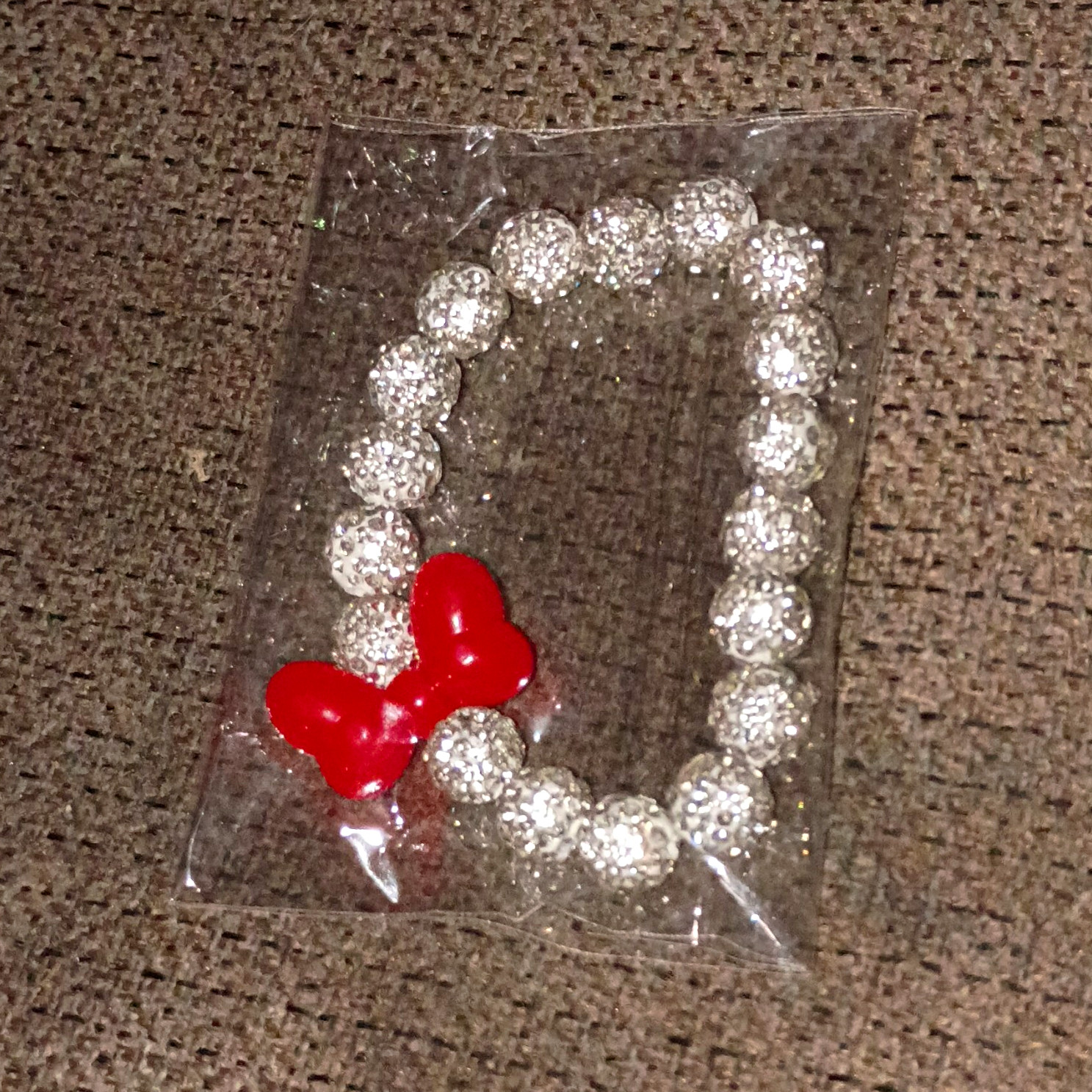 Silver Tone Crystal Round Bead Stretch Charm Bracelet w/ Red Heart Dangle Love